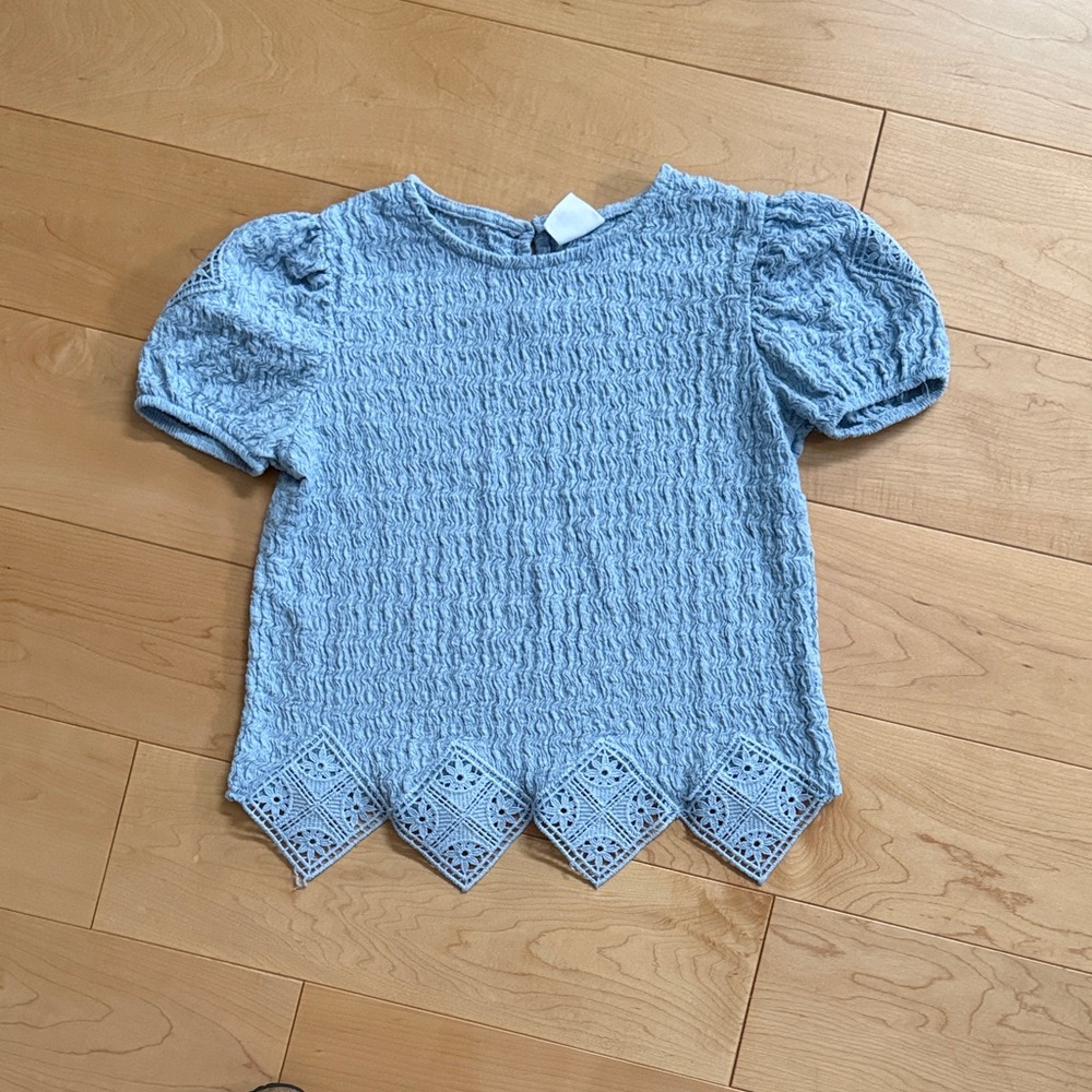 Zara Kids Blue Textured Blouse with Lace Hem
